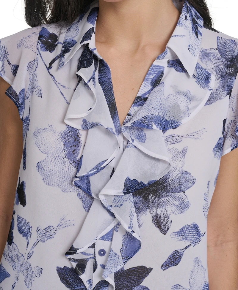 Calvin Klein Women's Printed Cap-Sleeve Ruffle Front Top