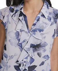 Calvin Klein Women's Printed Cap-Sleeve Ruffle Front Top