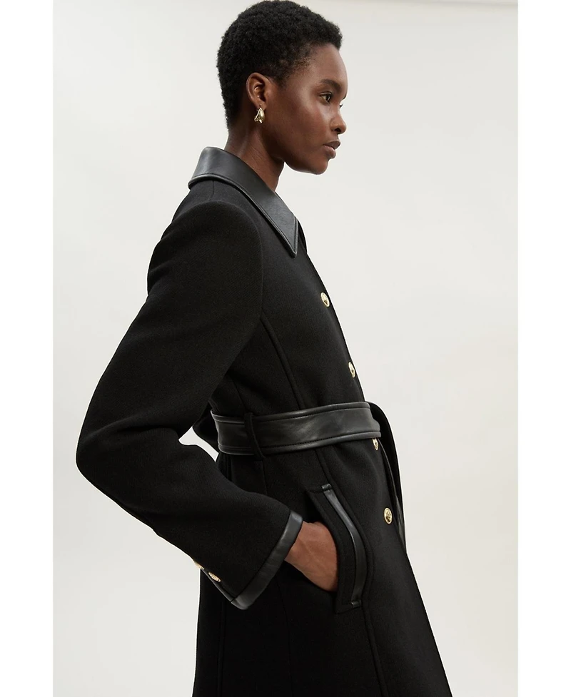Karen Millen Women's Wool Pu Mix Belted Tailored Maxi Coat
