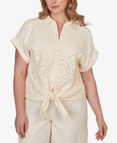 Ruby Rd. Plus Eyelet Front Gauze Tie-Front T-Shirt