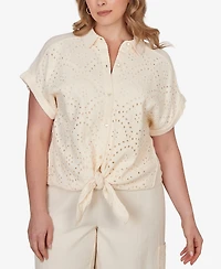 Ruby Rd. Plus Eyelet Front Gauze Tie-Front T-Shirt