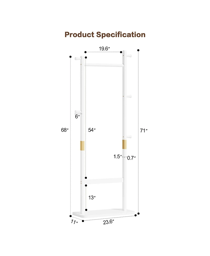 Rainsken Solid Wood Coat Rack, Freestanding Clothes Organizer with Hanging Rod, Hooks, Storage Stand for Coats and Bags