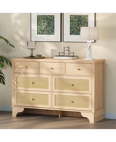 gaomon 47.3 in Wide Wood Chest of Drawers with Natural Rattan Drawers, Drawer Organizer with Sturdy Base
