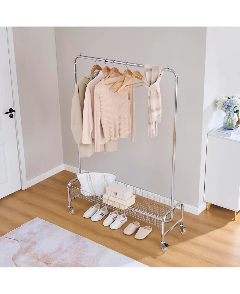 Rainsken Heavy Duty Garment Rack, Portable Closet Wardrobe Rack, Rolling Clothing Rack with Wheels and Storage Basket for Hanging Clothes