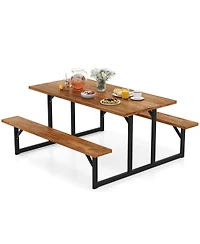 Costway 6-Person Acacia Wood Picnic Table with 2 Built-In Benches Umbrella Hole Metal Frame