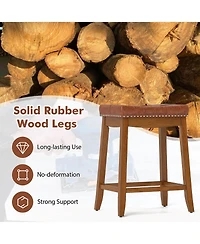 Saddle Bar Stools Set of with Pu Leather Seat Solid Rubber Wood Frame Footrest