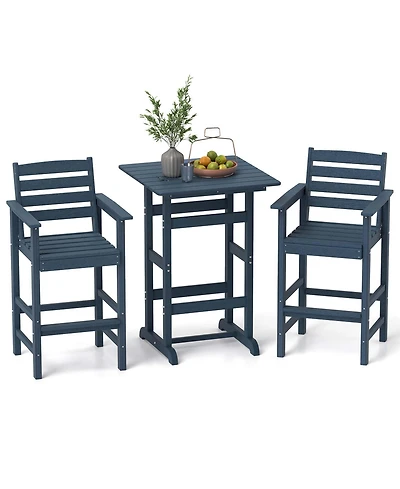 3-Piece Patio Hdpe Bar Set Armchairs with Square High-Top Table Footrest and Backrest