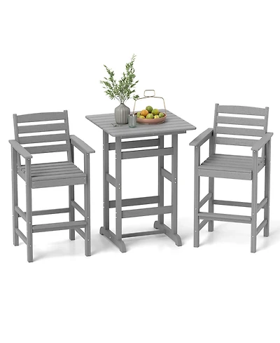 3-Piece Patio Hdpe Bar Set Armchairs with Square High-Top Table Footrest and Backrest