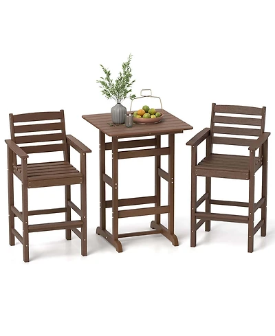 3-Piece Patio Hdpe Bar Set Armchairs with Square High-Top Table Footrest and Backrest