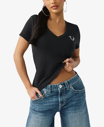 True Religion Women's Crystal Logo V-Neck T-Shirt