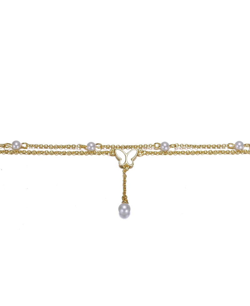 14K Gold Plated Double Layer Pearl and Butterfly Anklet
