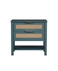 Rainsken Rattan Nightstand with 2 Drawers, Open Shelf & Handles for Bedroom or Living Room