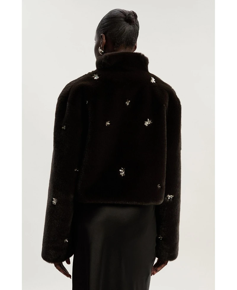 Karen Millen Women's Crystal Embellished Faux Fur Short Coat