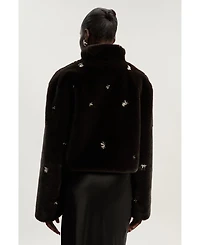 Karen Millen Women's Crystal Embellished Faux Fur Short Coat