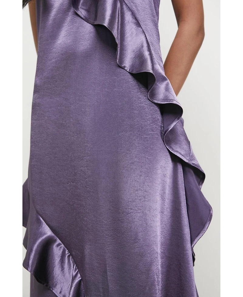 Warehouse Women's Metallic Satin Ruffle Midi Slip Dress