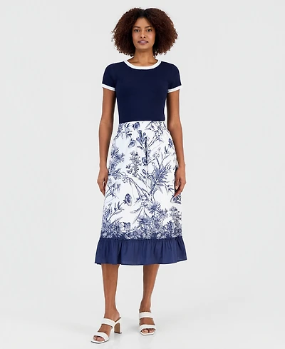 T Tahari Women's Printed Ruffled-Hem Pull-On Skirt