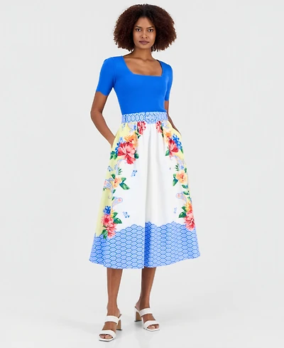 T Tahari Women's Printed Belted Pull-On Midi Skirt
