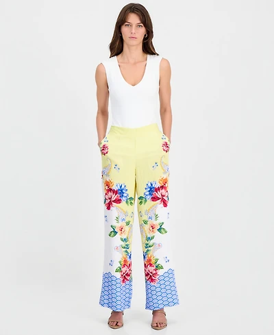 T Tahari Women's Mixed-Print Wide-Leg Pull-On Pants