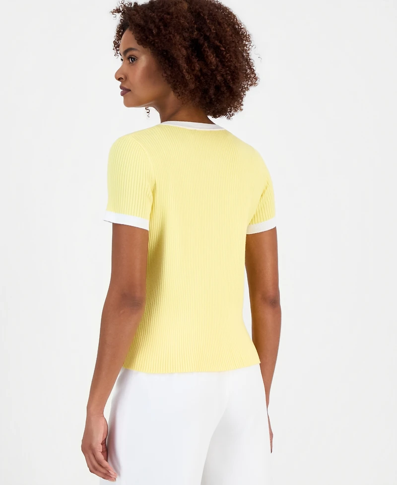 T Tahari Women's Ribbed Short-Sleeve Cardigan Sweater