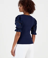 T Tahari Women's V-Neck Lace-Sleeve Ribbed-Knit Top