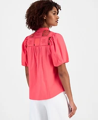 T Tahari Women's Split-Neck Lace-Yoke Puff-Sleeve Top