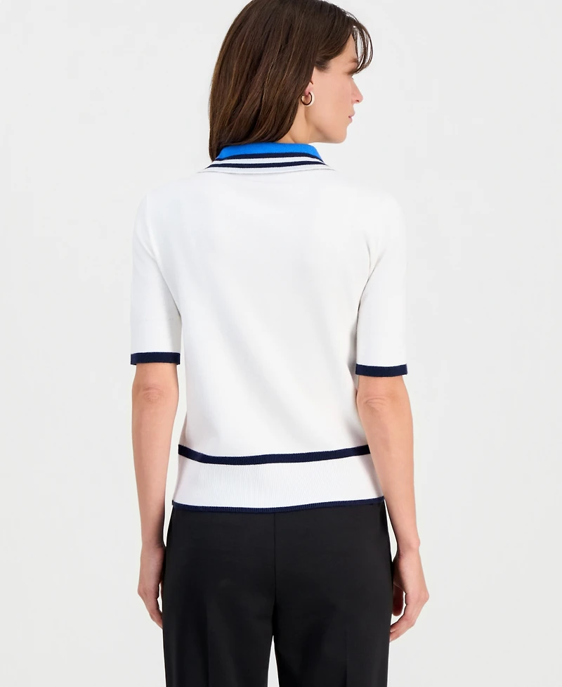 T Tahari Women's Contrast-Trim Johnny Collar Pullover Top