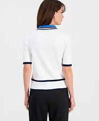 T Tahari Women's Contrast-Trim Johnny Collar Pullover Top