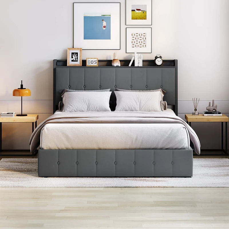 gaomon Upholstered Bed with Button Tufted Wingback Storage Headboard