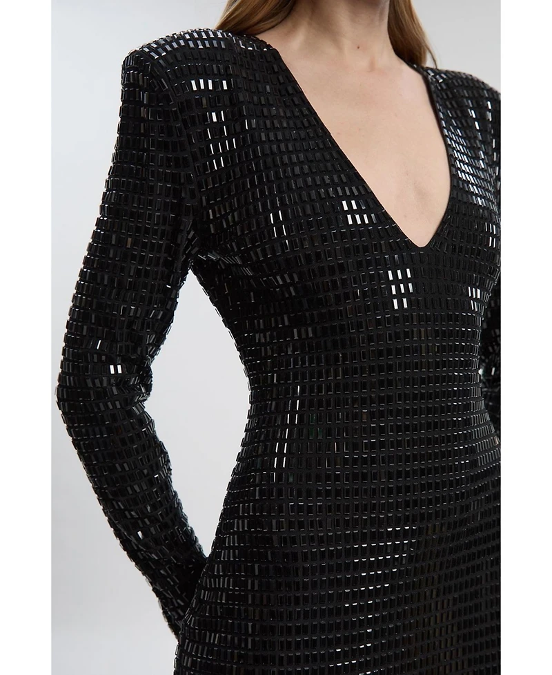 Karen Millen Women's Long Sleeve Plunge Neck Midi Dress