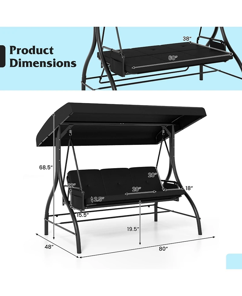 Mecale 3-Piece Patio Swing with Canopy, Removable Cushions & Side Pockets