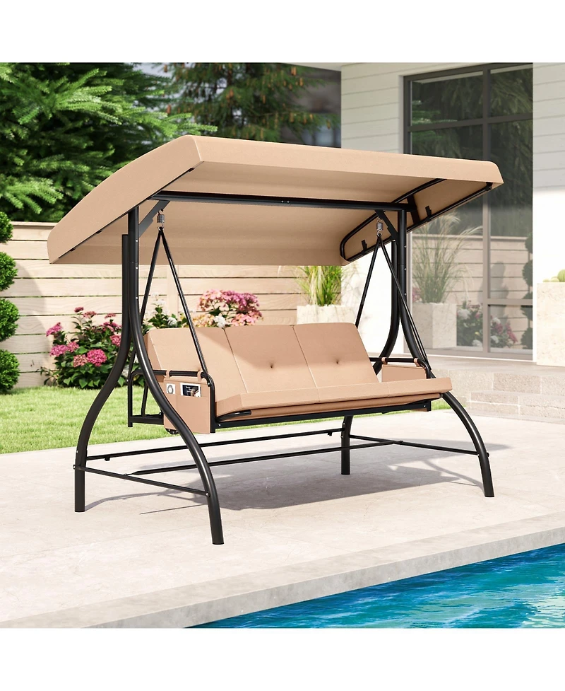 Mecale 3-Piece Patio Swing with Canopy, Removable Cushions & Side Pockets