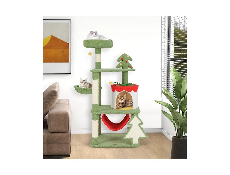 Aostirmotor Christmas Cat Tree with Sisal Scratching Posts & Gift Box Condo, Holiday Pet Furniture