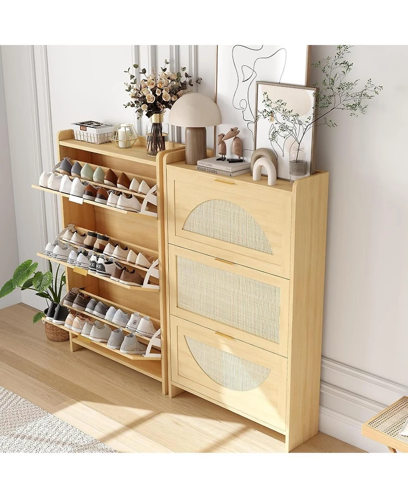 gaomon Shoe Cabinet with 3 Flip Drawer, Shoe Storage Cabinet with Narrow Rattan Weave Shoe Cabinet for Entryway, Farmhouse Style Shoe Organizer