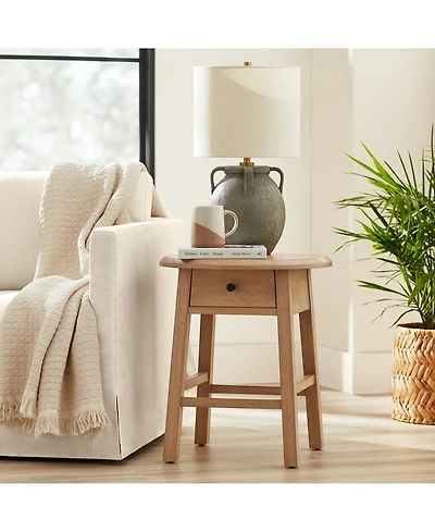 Rainsken Solid Rubberwood Nightstand, Round Sofa Side End Table Table with Drawer for Living Room, Bedroom or Home Office