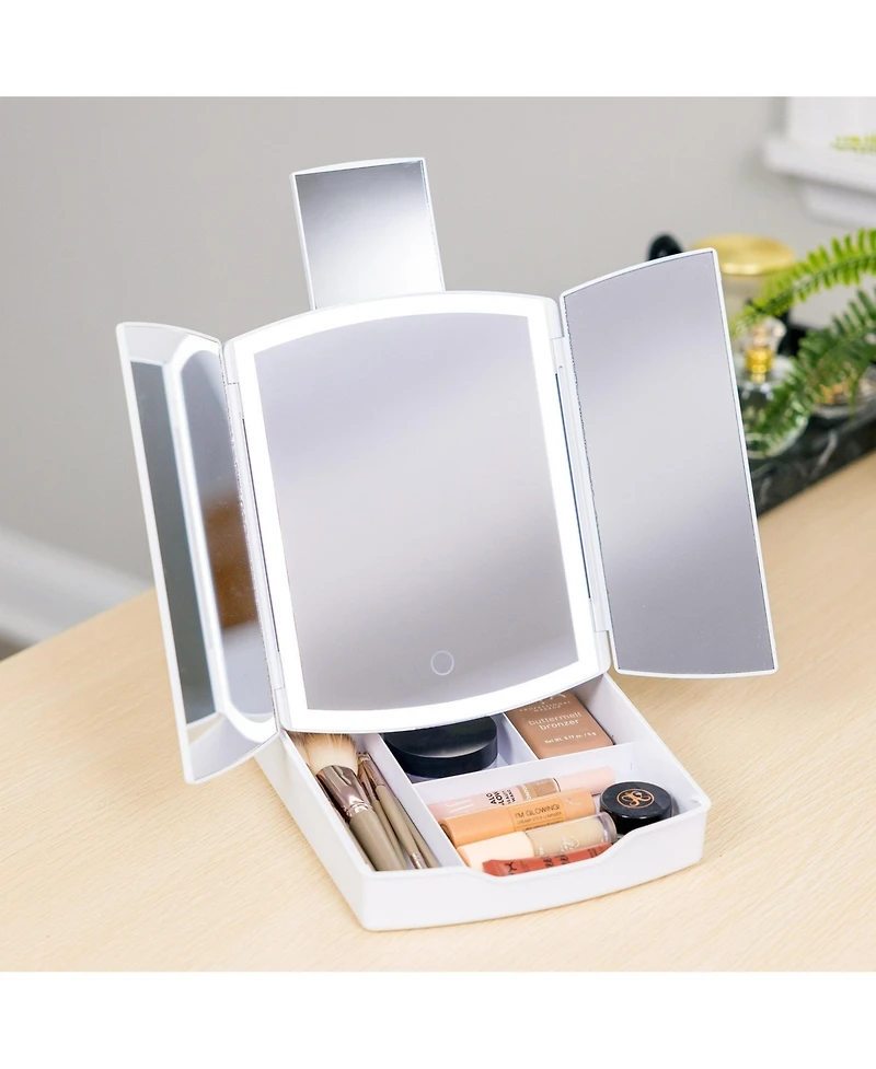 iHome Tri-Fold Travel Makeup Mirror with Lights and Organizer, 5" x 8"