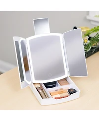 iHome Tri-Fold Travel Makeup Mirror with Lights and Organizer, 5" x 8"
