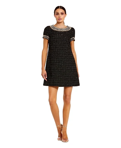 Mac Duggal Women's Short Sleeve Boucle Mini Dress With Beading Detail