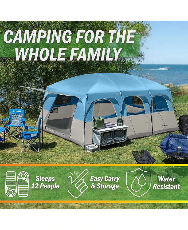 Wakeman Outdoors 12 Person Large Camping Tent Tall Family Cabin Shelter with 2 Room Dividers, 6 Mesh Windows