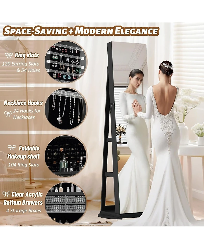 Rainsken 360° Swivel Lockable Rattan Jewelry Cabinet with Full Length Mirror and Display Shelves