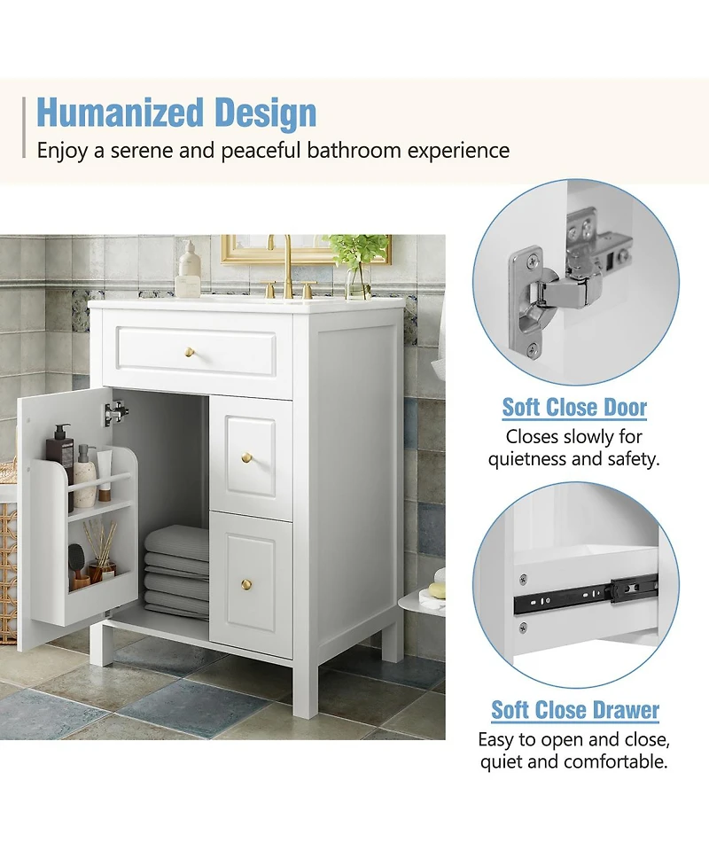 Sillysis 24" Bathroom Vanity with Ceramic Sink, Soft Close Door & Drawers, Double Storage Racks for Small Bathrooms