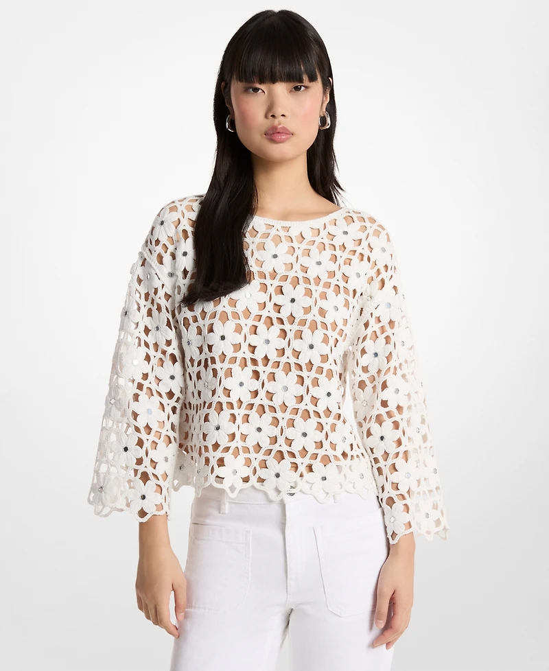 Michael Kors Women's Crewneck Crochet Top with Removable Slip Tank