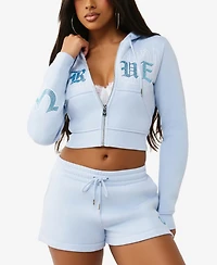 True Religion Women's Embroidered Shrunken Zip Hoodie Sweatshirt