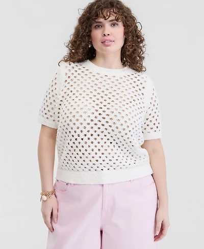 On 34th Trendy Plus Open-Knit Short-Sleeve Sweater, Macy's Exclusive