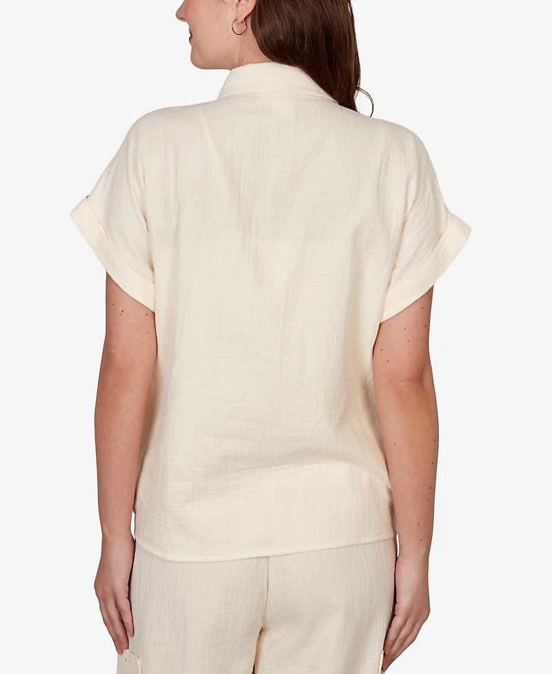 Ruby Rd. Petite Eyelet Front Gauze Tie-Front Shirt