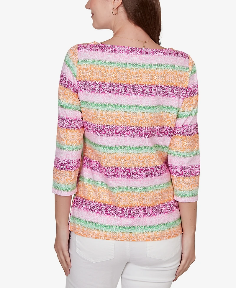 Ruby Rd. Petite Stripe Medallion Boat Neck Knit Top