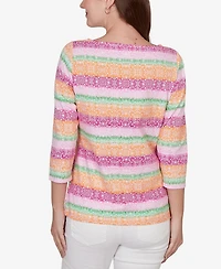 Ruby Rd. Petite Stripe Medallion Boat Neck Knit Top