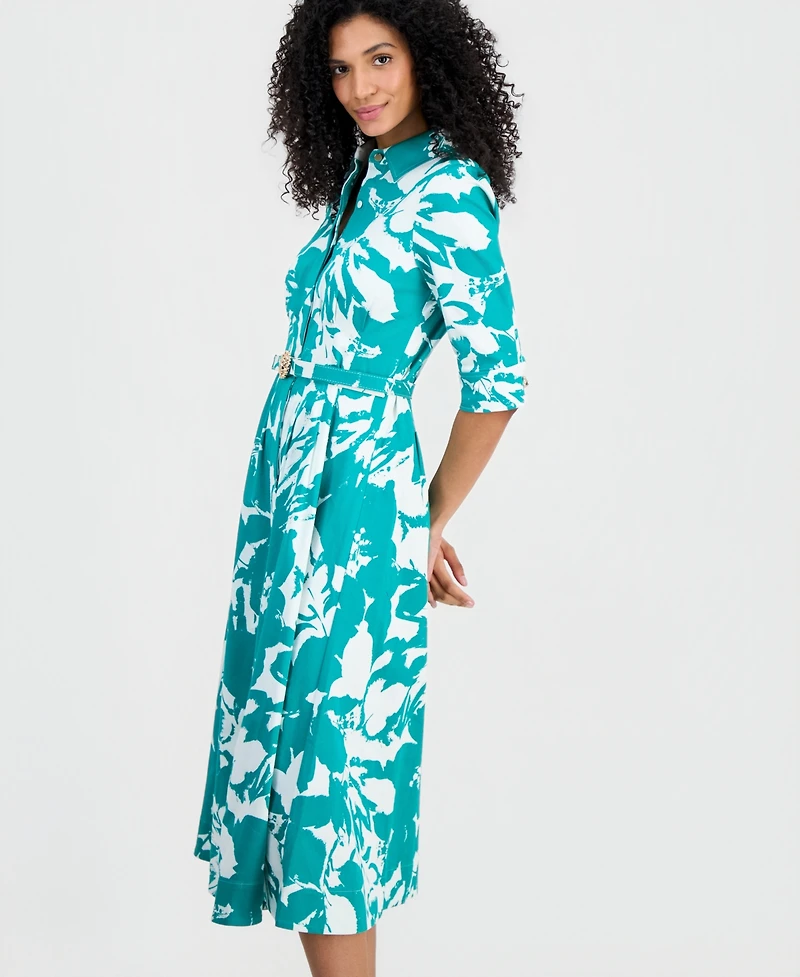 Anne Klein Women's Elbow-Sleeve Waist Tuck Midi Shirtdress
