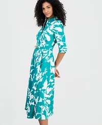 Anne Klein Women's Elbow-Sleeve Waist Tuck Midi Shirtdress