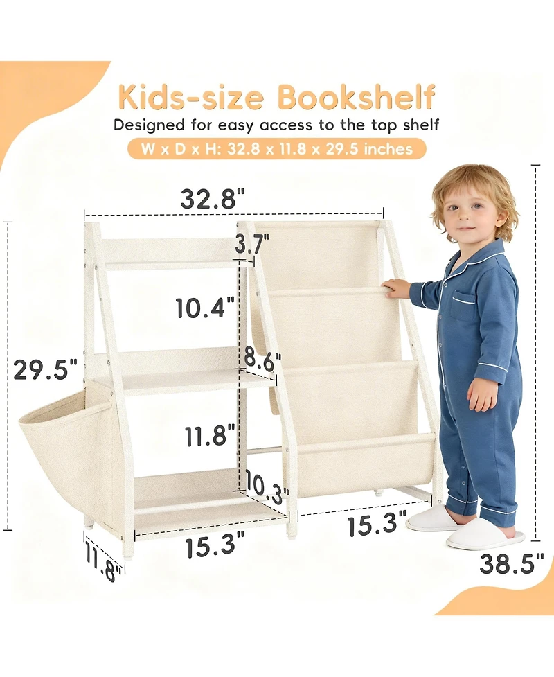 Yigii Bookcase for Kids: 3-Tier Storage with Pockets, Toys Rack, Safety