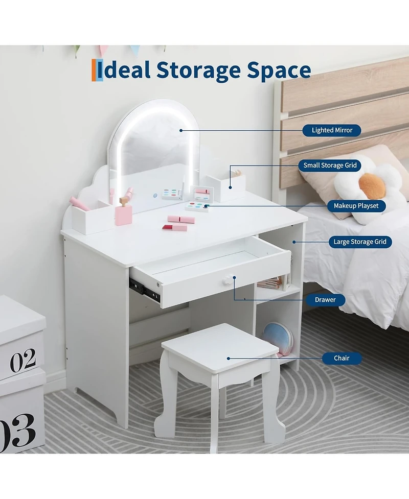 gaomon Kids Vanity with Lighted Mirror - 2 in 1 Little Girls Vanity Table and Stool